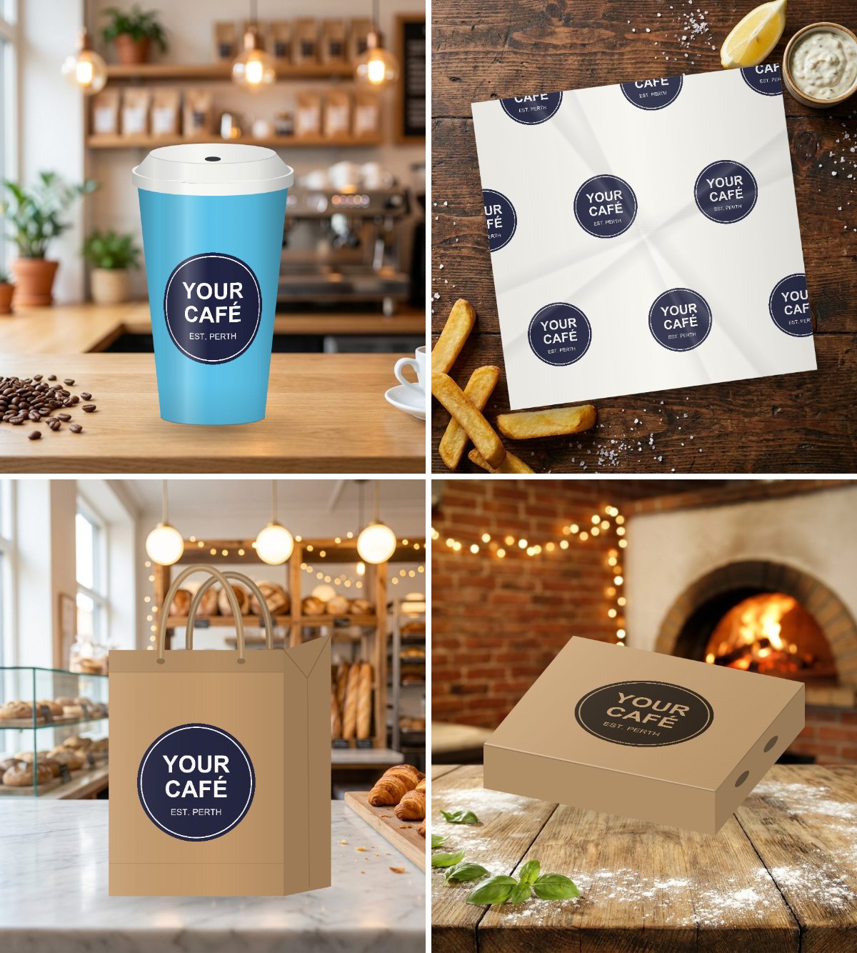Your logo on a coffee cup, greaseproof paper, a paper bag and a pizza box